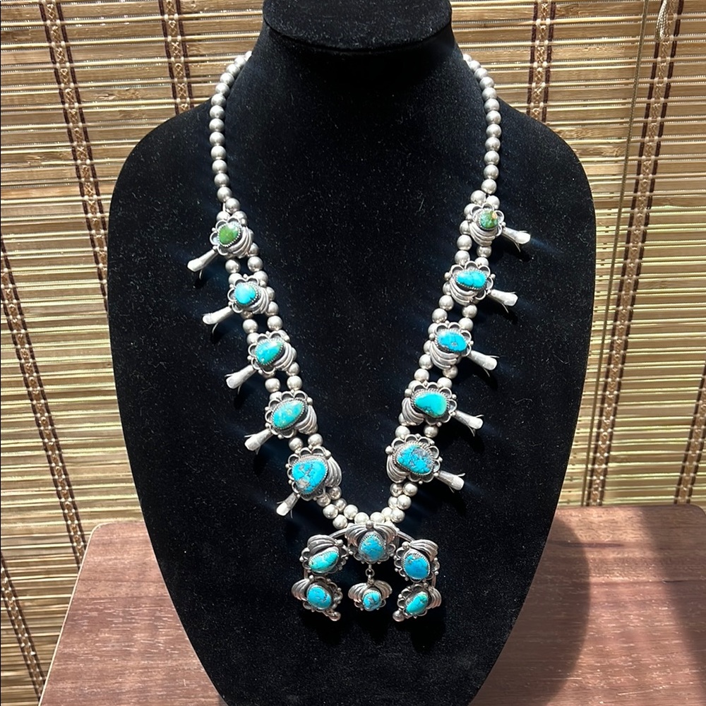 Vintage Turquoise and Silver Squash Blossom Necklace